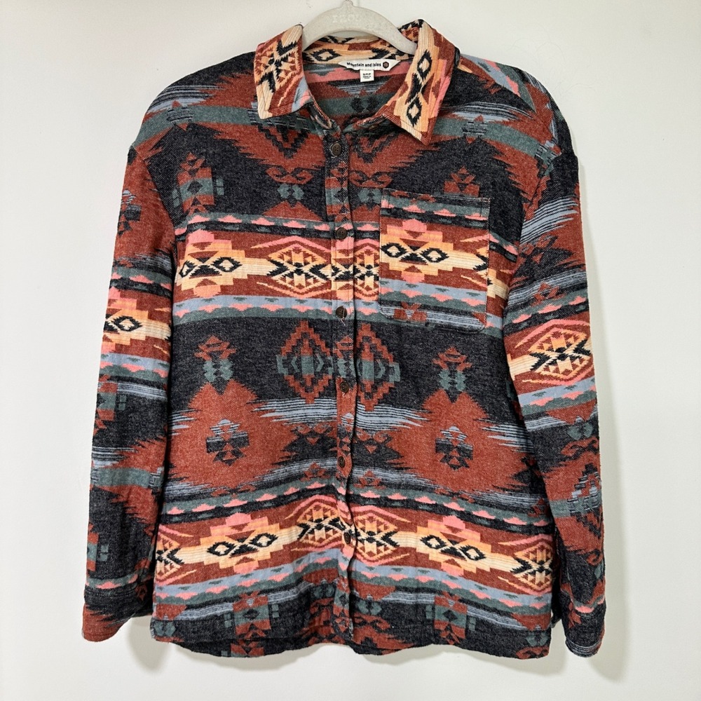 Mountain and Isles Women Flannel Shirt Aztec Cotton Southwest‎ Button Up Small